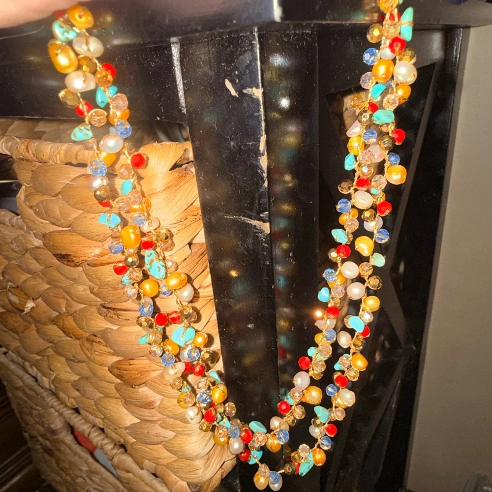 Vintage Real pearl turquoise Jasper and other stones in 925 Beaded Necklace